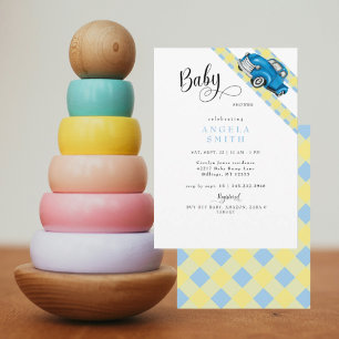Retro-LKW Gelb Blau Gingham Jungen Baby-Party Einladung