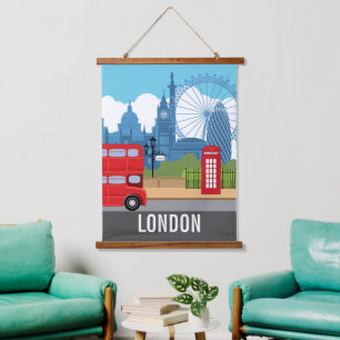 Retro-London-Reiseposter – Ikonische Wahrzeichen Wandteppich Mit Holzrahmen