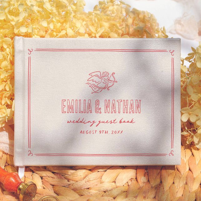 Retro Love Struck Hand Drawn Cupid Modern Wedding Gästebuch (Von Creator hochgeladen)