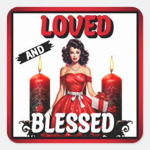 Retro Love und gesegnet Pinup Quadratischer Aufkleber