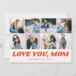 Retro Love You Mom 12 Photo Collage Pink Feiertagskarte