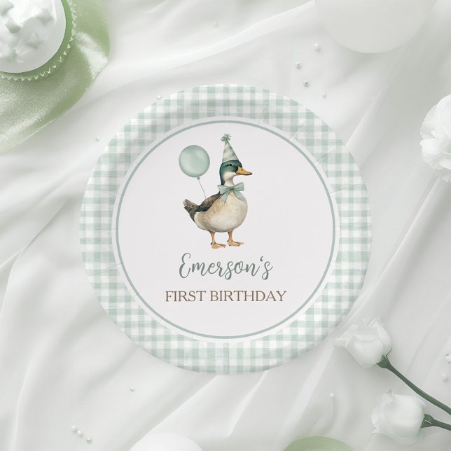 Retro Lucky Duck Sage Green Gingham 1. Geburtstag Pappteller (Von Creator hochgeladen)