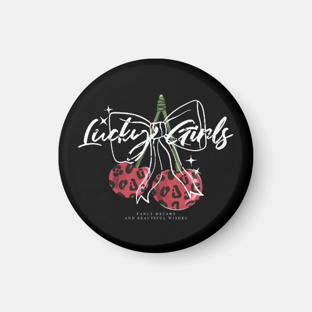 Retro Lucky Girls Cherry Quote Magnet (Vorne)