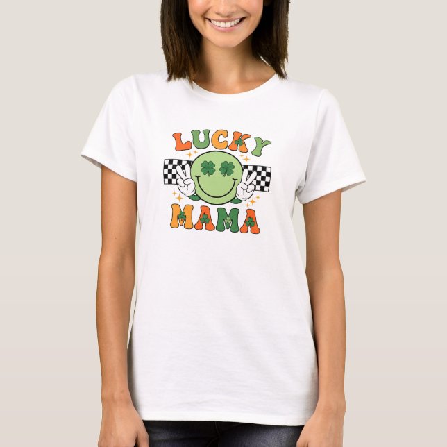 Retro Lucky Mama Smiley Face Shamrock Art T-Shirt (Vorderseite)