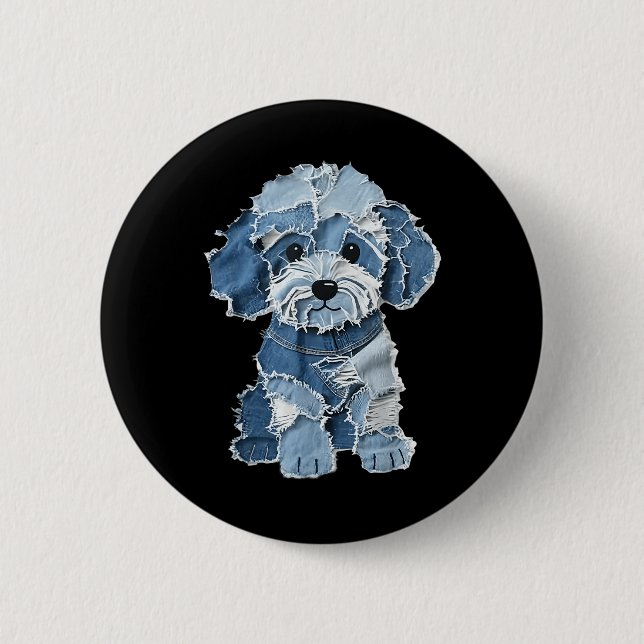Retro lustiger Denim-Patch Tier Hund Druck  Button (Vorderseite)