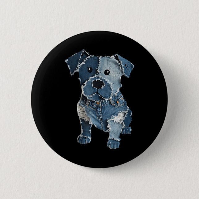 Retro lustiger Denim-Patch Tier Hund Druck für Män Button (Vorderseite)