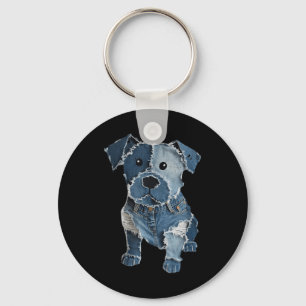 Retro Lustiger Denim-Patch Tier Hund Druck Für Män Schlüsselanhänger