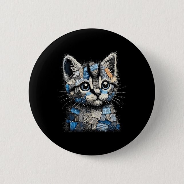 Retro lustiger Denim-Patch Tier Katze Druck  Button (Vorderseite)