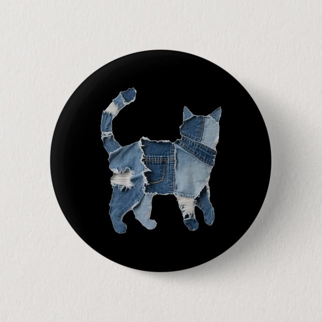 Retro lustiger Denim-Patch Tier Katze Druck  Button (Vorderseite)