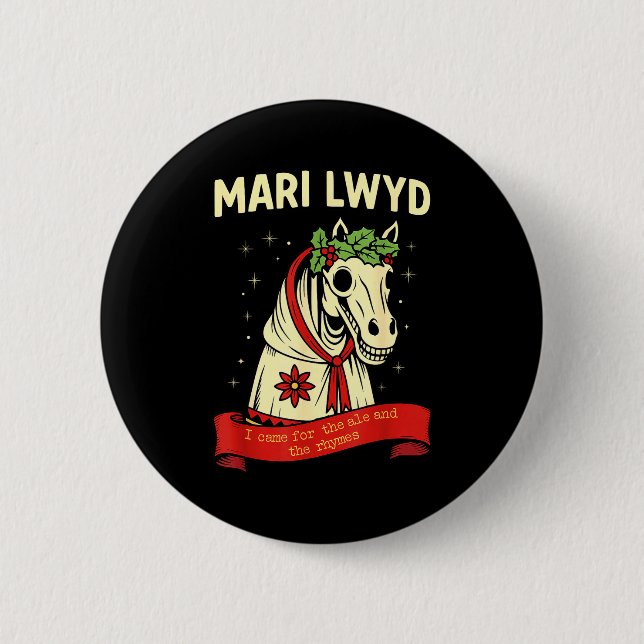 Retro lustiger Folklore-Skelett-Pferd Mari Lwyd Yu Button (Vorderseite)