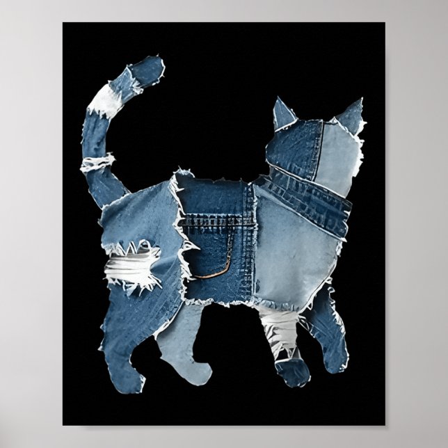 Retro lustiger Jeansstoff-Patch Tier Katze  Poster (Vorne)