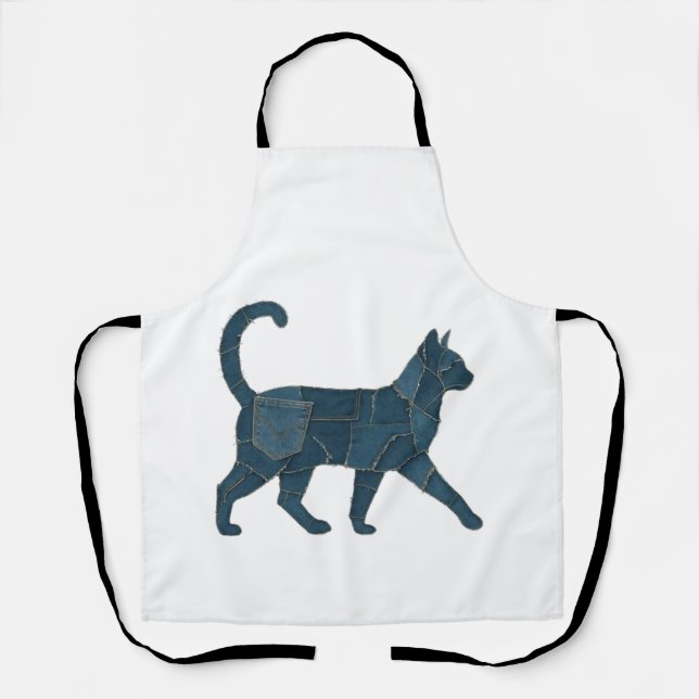 Retro lustiges Denim-Patch-Tier-Katz-Shirt Schürze (Vorderseite)