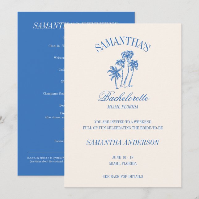 Retro Luxe Blue Beach Bachelorette Logo Girls Trip Einladung (Vorne/Hinten)