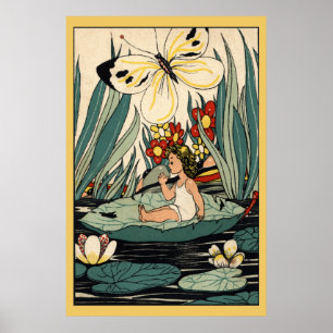 Retro-Mädchen auf Seerosenblättern Blumen, Schmett Poster