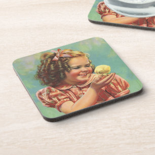 Retro-Mädchen mit Baby-Küken, glückliches Kind läc Getränkeuntersetzer