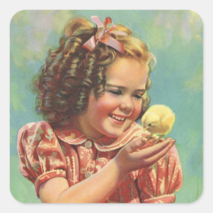Retro-Mädchen mit Baby-Küken, glückliches Kind läc Quadratischer Aufkleber