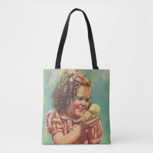 Retro-Mädchen mit Baby-Küken, glückliches Kind läc Tasche