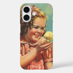 Retro-Mädchen mit Baby-Küken, glückliches Kind läc title_seo2