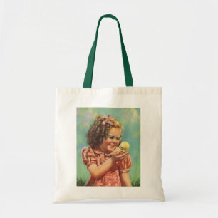 Retro-Mädchen mit Baby-Küken, glückliches Kind läc Tragetasche