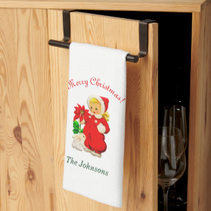 Retro-Mädchen Mit Hasen Weihnachts-Küchenhandtuch Geschirrtuch