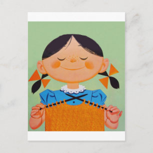 Retro-Mädchen strickt Postkarte