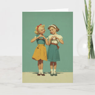 Retro-Mädchen teilen herzliche Freude Karte