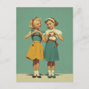 Retro-Mädchen teilen herzliche Freude Postkarte