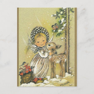 Retro-Mädchen umarmt Babyreh Postkarte