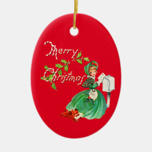 Retro-Mädchen und Hund im altmodischen Weihnachtss Keramik Ornament
