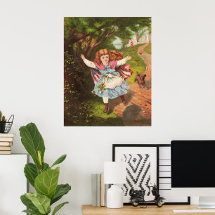 Retro-Mädchen und Hund Lithografie-Illustration Poster