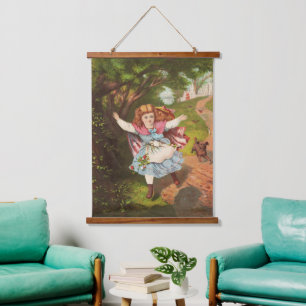 Retro-Mädchen und Hund Lithografie-Illustration Wandteppich Mit Holzrahmen