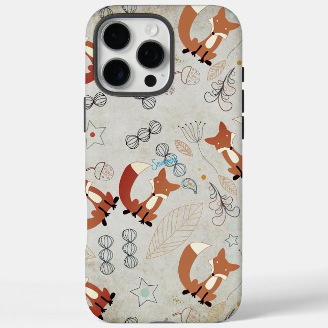 Retro-Mädchen-Waldtiere-Fuchs-Muster iPhone 16 Pro Max Hülle (Rückseite)