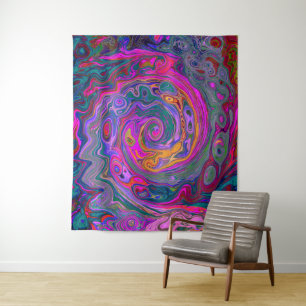 Retro Magenta, Grün und Orange Abstrakter Swirl Wandteppich