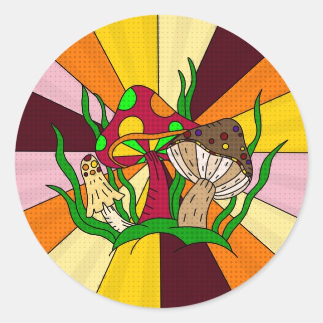 Retro Magic Mushrooms Handgezeichnete Kunst Runder Aufkleber (Vorderseite)