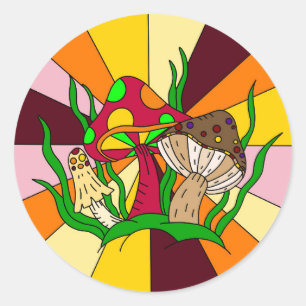Retro Magic Mushrooms Handgezeichnete Kunst Runder Aufkleber