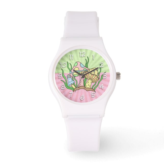Retro Magic Mushrooms Rosa und Gelb Armbanduhr (Vorderseite)
