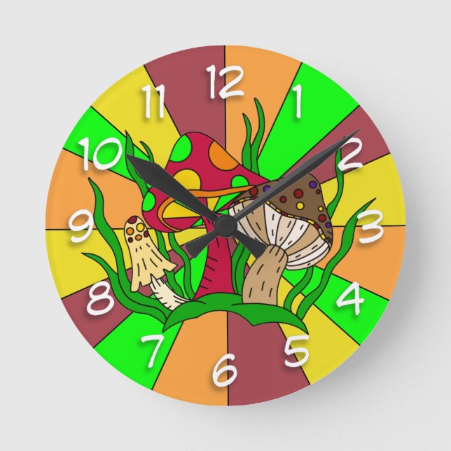 Retro Magic Mushrooms Runde Wanduhr (Vorderseite)