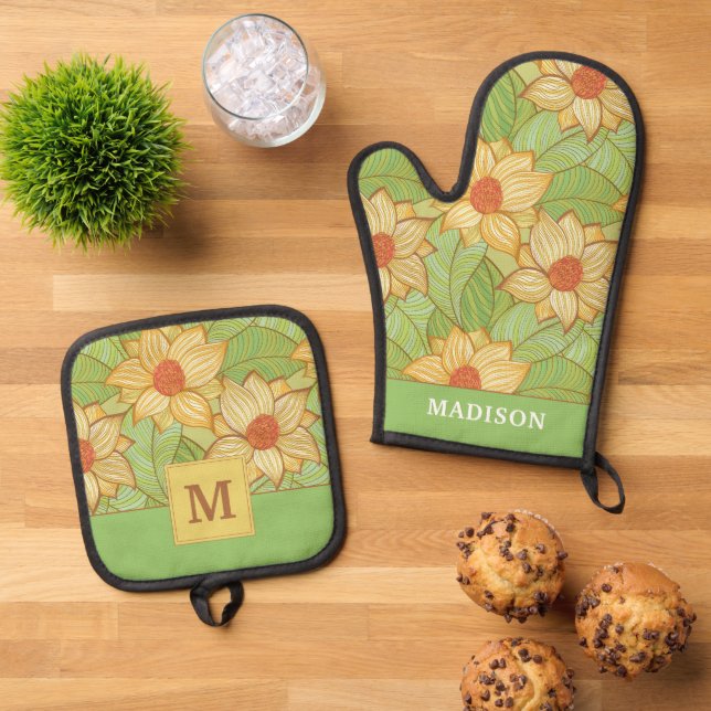Retro Magnolia Muster Ofenhandschuh & Topflappen-Set (Oben Unten)