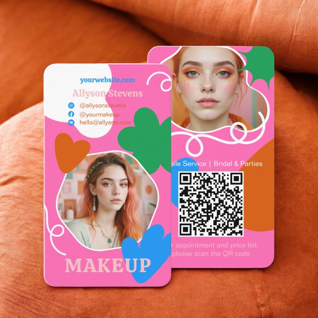 Retro Makeup Schönheitsformen Foto qr-Code rosa Visitenkarte (Retro Makeup beauty shapes photo qr code pink Business Card)