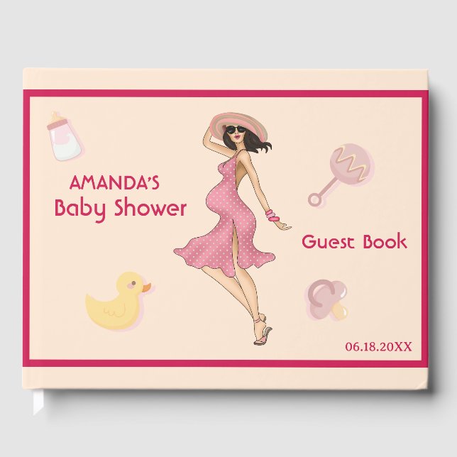 Retro Mama Brünett 2 Baby Dusche Party Gästebuch (Vorderseite)