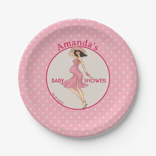 Retro Mama Brünett 2 Baby Dusche Party Pappteller (Vorderseite)