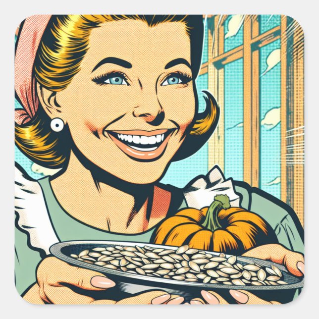 Retro-Mama mit Tray of Pumpkin Seeds Halloween Quadratischer Aufkleber (Vorderseite)