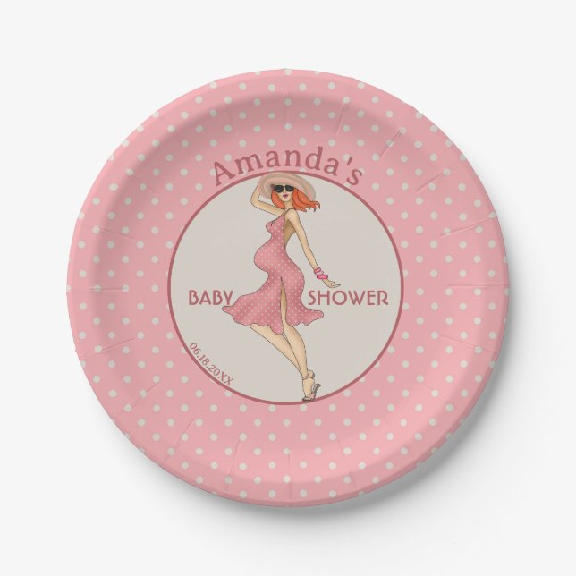 Retro Mama Redhead 2 Baby Dusche Party Pappteller (Vorderseite)
