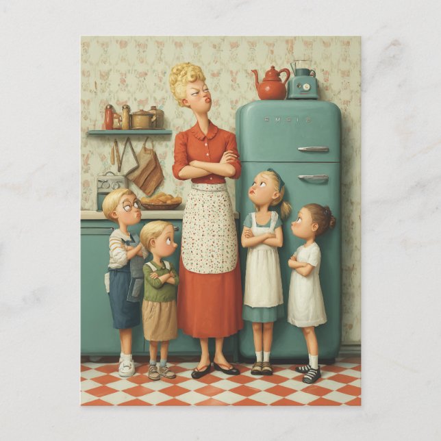Retro-Mama und Kindersicherung Postkarte (Vorderseite)