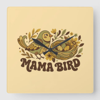 Retro-Mama-Vogel-Kunst – Vintage-Naturillustration Quadratische Wanduhr