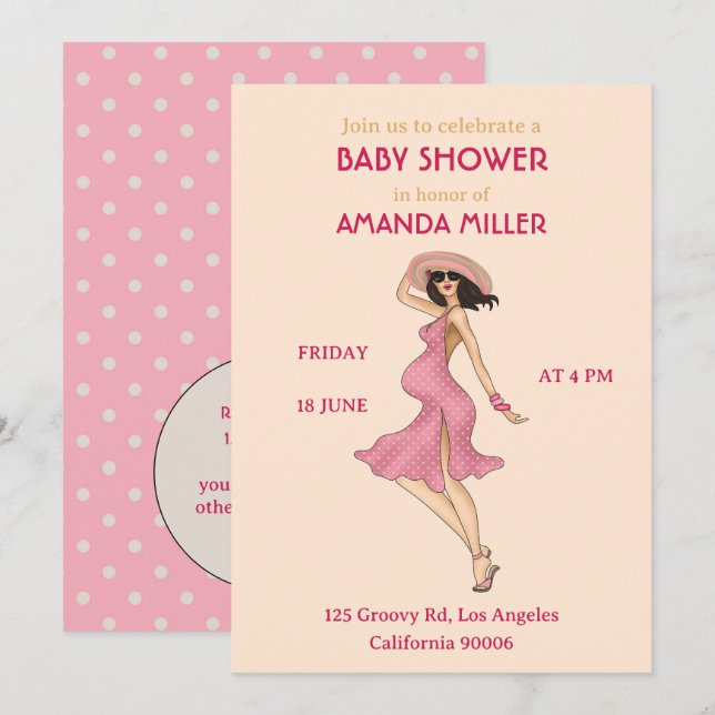 Retro Maman Brunette Baby shower Fête Invitation (Devant / Derrière)