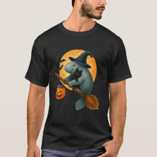 Retro-Manatee-Hexenhut-Schwarze Katze Kürbis Hallo T-Shirt