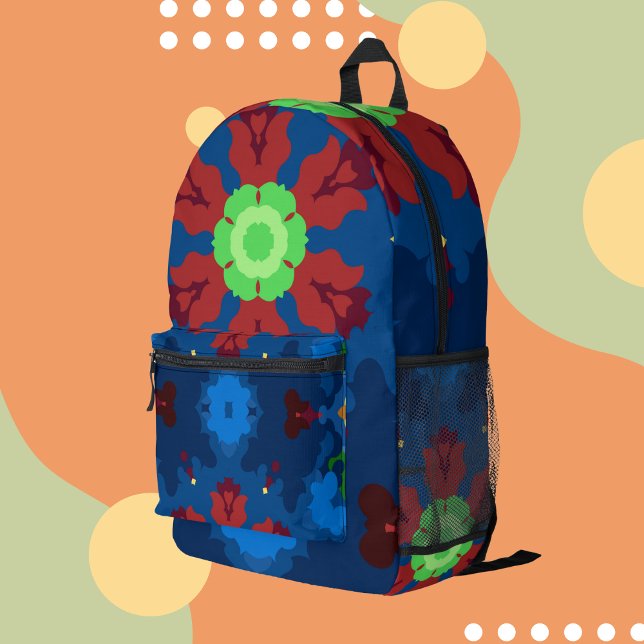 Retro Mandala Blau Rot und Grün Bedruckter Rucksack (Von Creator hochgeladen)