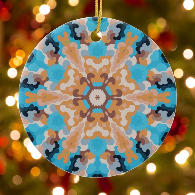 Retro Mandala Blue und Orange Keramik Ornament (Blue and Orange Retro Mandala Ornament by Wormhole Orbital)