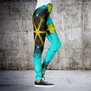 Retro Mandala Blume Blau Gelb und Schwarz Leggings